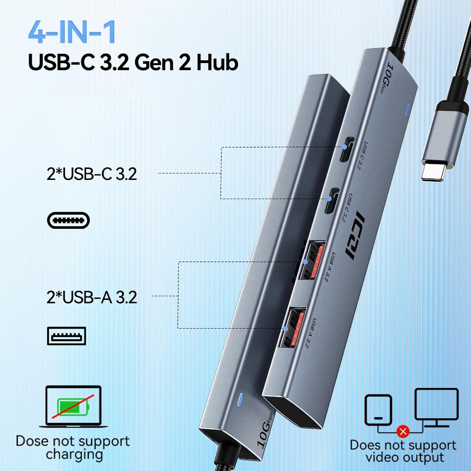 USB C HUB, 10Gbps USBC Splitter for Laptop, USB 3.2 Gen 2 USB C Hub with 2 Type a and 2 Type C Ports, 4FT USB Extended Cable for Macbook Air/Pro, Surface Pro, Xps,Phone