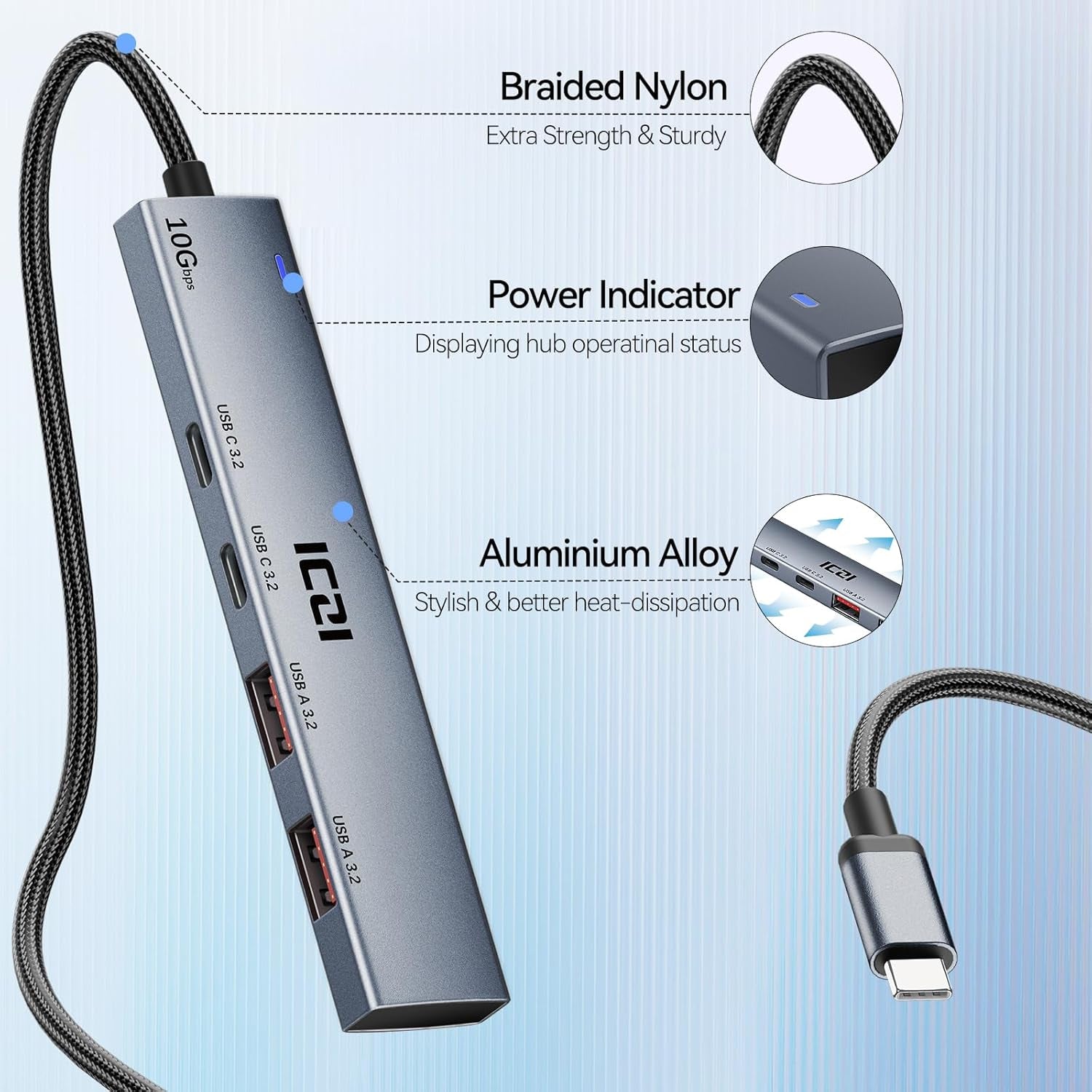 USB C HUB, 10Gbps USBC Splitter for Laptop, USB 3.2 Gen 2 USB C Hub with 2 Type a and 2 Type C Ports, 4FT USB Extended Cable for Macbook Air/Pro, Surface Pro, Xps,Phone