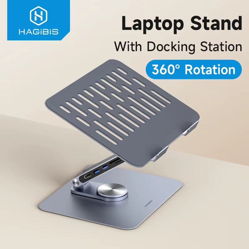 Adjustable Aluminum Laptop Stand for Desk with USB C Dock Ergonomic Laptop Riser USB C Hub for Macbook Windows Notebook