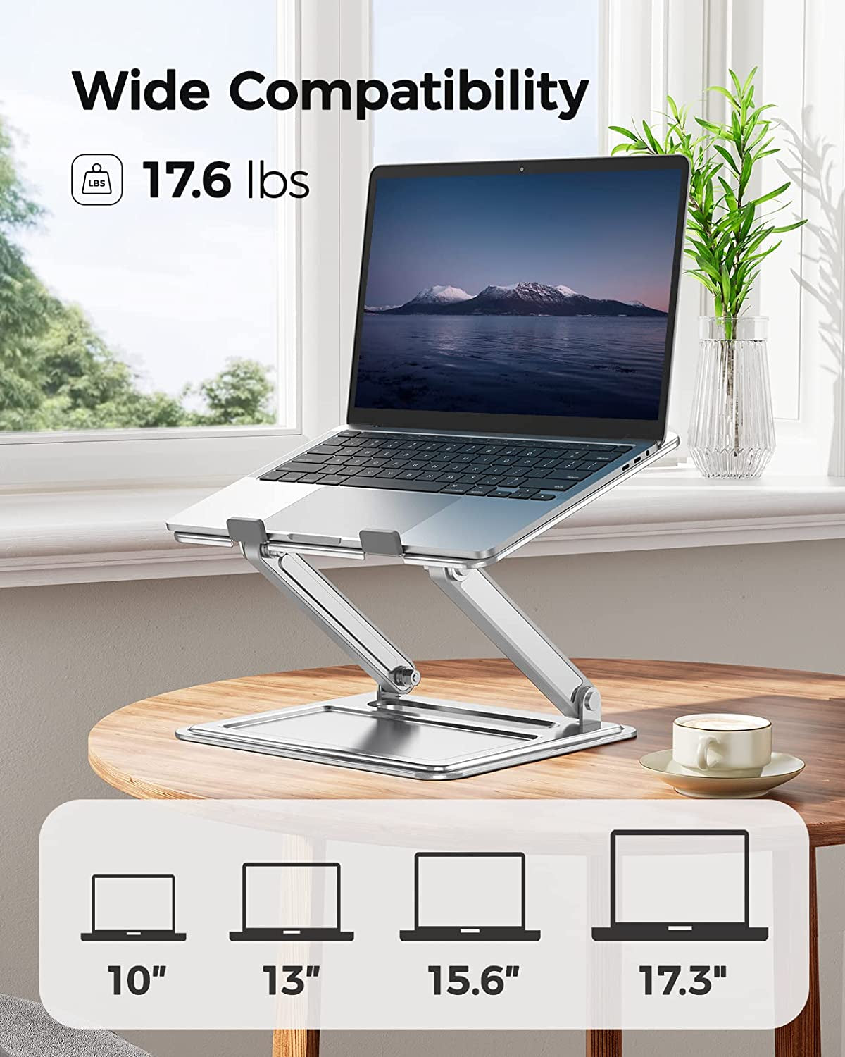 Laptop Stand for Desk, Adjustable & Foldable Laptop Riser for 10-17.3 Inch Laptops, Computer Stand for Macbook/Notebook, Portable Ergonomic Holder up to 17.6Lbs - Silver