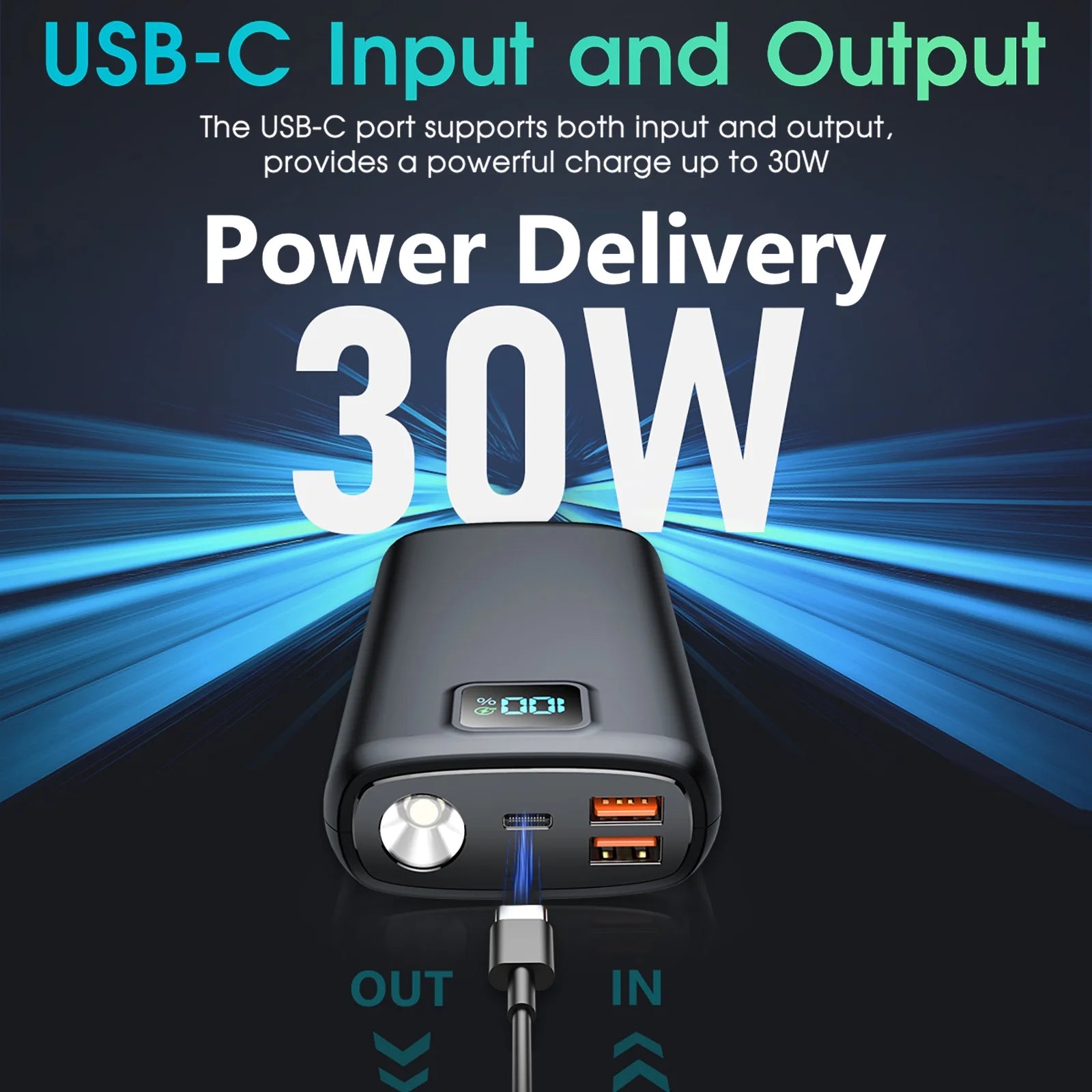 Portable Charger ,40000Mah Power Bank PD 30W Quick Charging, Flashlight for Camping or Emergency Use,Led Power Percentage Display(Carbon Black)