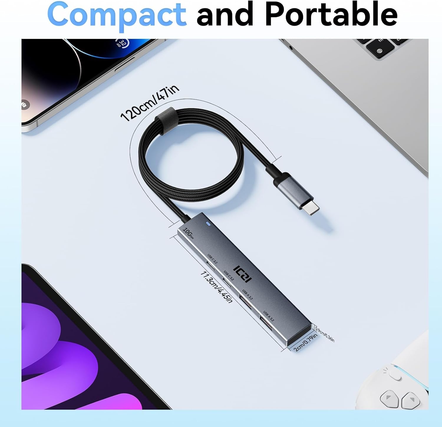 USB C HUB, 10Gbps USBC Splitter for Laptop, USB 3.2 Gen 2 USB C Hub with 2 Type a and 2 Type C Ports, 4FT USB Extended Cable for Macbook Air/Pro, Surface Pro, Xps,Phone