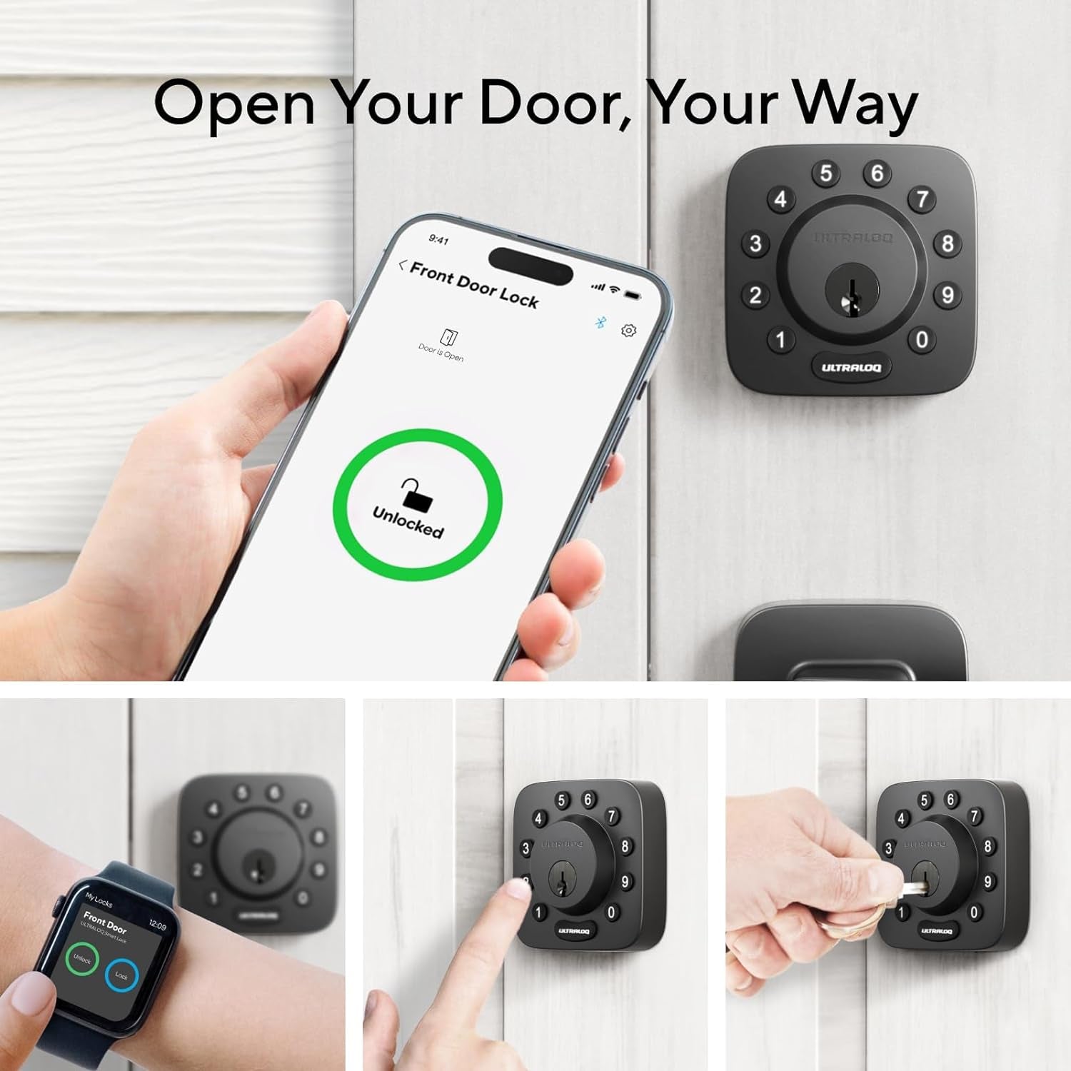 U-Bolt Wifi Smart Lock (Black) with Door Sensor, 5-In-1 Keyless Entry Deadbolt with Built-In Wifi, Bluetooth and Keypad, Smart Lock Front Door, ANSI Grade 1 Certified