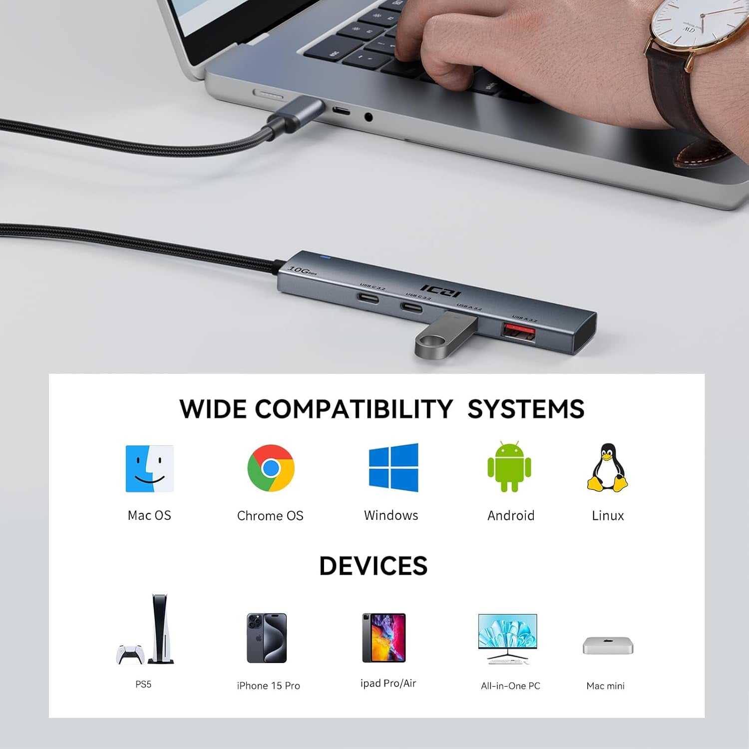 USB C HUB, 10Gbps USBC Splitter for Laptop, USB 3.2 Gen 2 USB C Hub with 2 Type a and 2 Type C Ports, 4FT USB Extended Cable for Macbook Air/Pro, Surface Pro, Xps,Phone