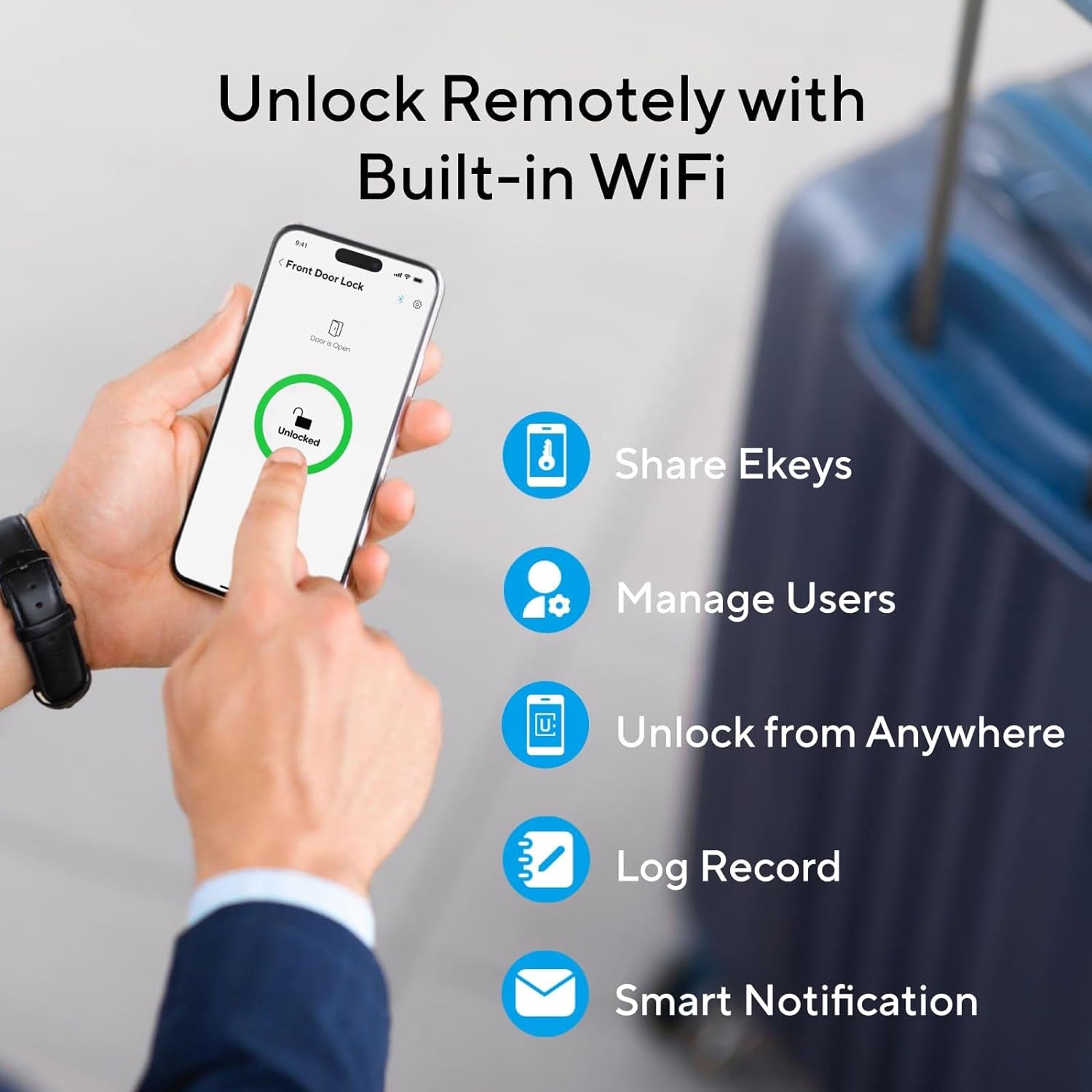 U-Bolt Wifi Smart Lock (Black) with Door Sensor, 5-In-1 Keyless Entry Deadbolt with Built-In Wifi, Bluetooth and Keypad, Smart Lock Front Door, ANSI Grade 1 Certified
