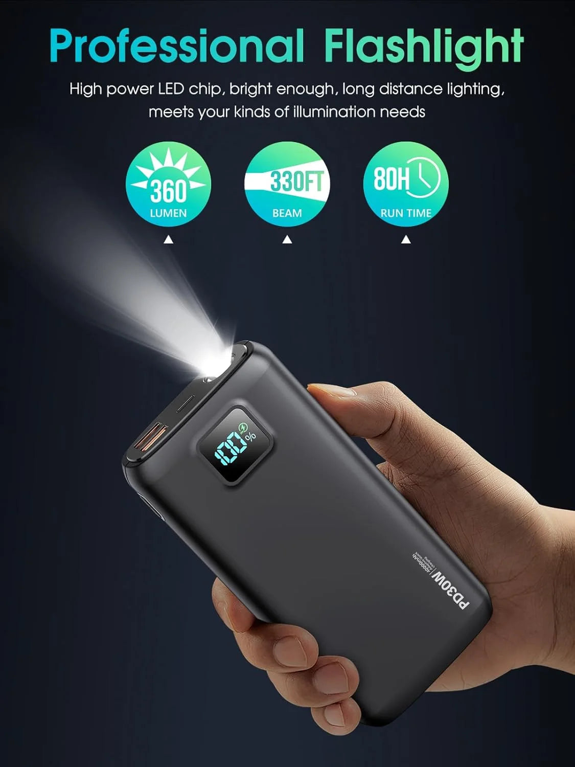 Portable Charger ,40000Mah Power Bank PD 30W Quick Charging, Flashlight for Camping or Emergency Use,Led Power Percentage Display(Carbon Black)