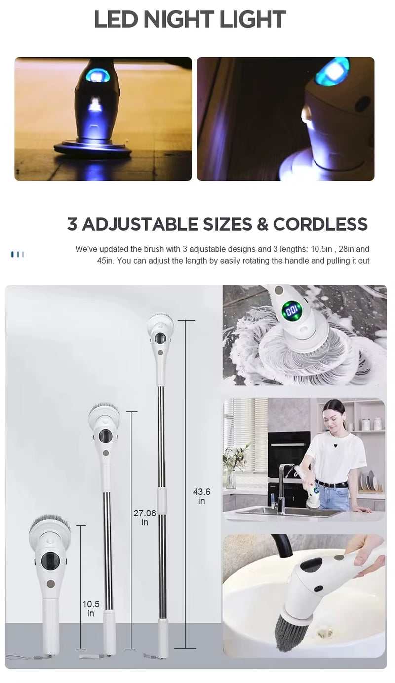8-In-1 Multifunctional Electric Cleaning Brush Bathroom Kitchen Brush Cleaning with LED Nightlight Rotatable Household Brush