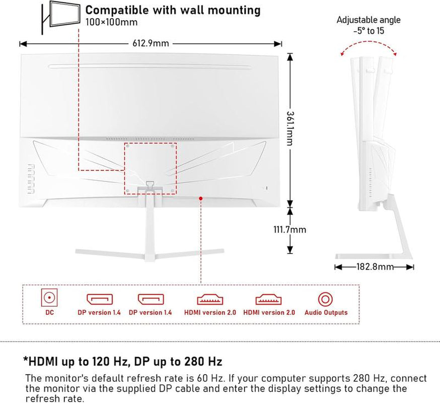 27 Inch PC Computer Screen,1800R Curved Gaming 280Hz Monitors, FHD 1080P 1Ms, Freesync, 98% Srgb,178 ° Angle View Hdmi2.0、Displayport, Compatible with Wall-Mounted 100 * 100Mm-White