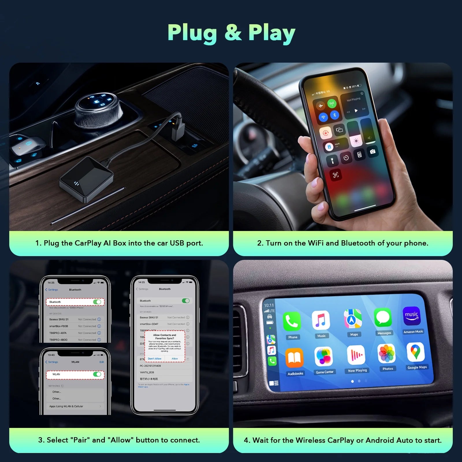 Wireless Android Auto Adapter 5.8 Ghz Wifi Plug and Play Converts Wired to Wireless for OEM Factory Wired Android Auto Direct Plug-In Type-C Adapter Easy Setup